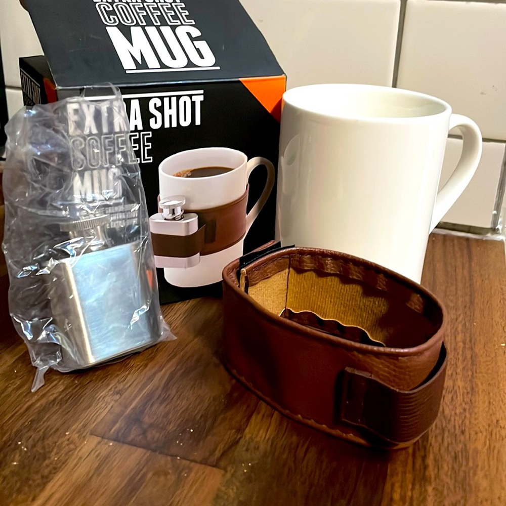 NIB Extra Shot Coffee Mug & Mini Flask Set White/Brown New Gift NPW Fun Gag